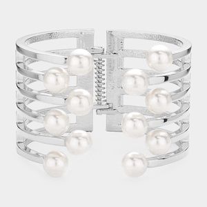 Silver pearl hinged cuff bracelet